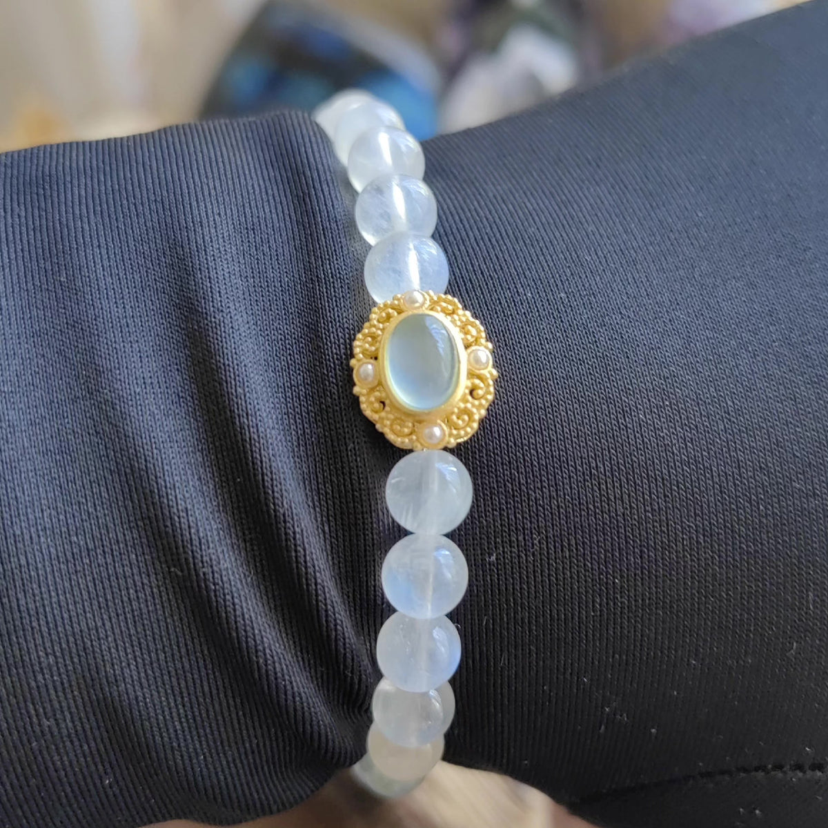 Blue Moonstone Beaded Bracelet with Aquamarine