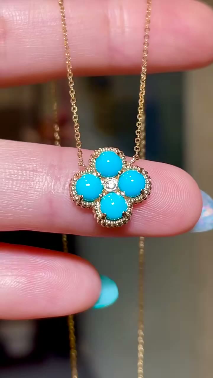 18K Gold Four Leaf Clover Blue Stone Necklace