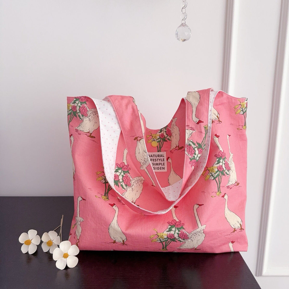 Handmade Pink Goose Canvas Tote Bag
