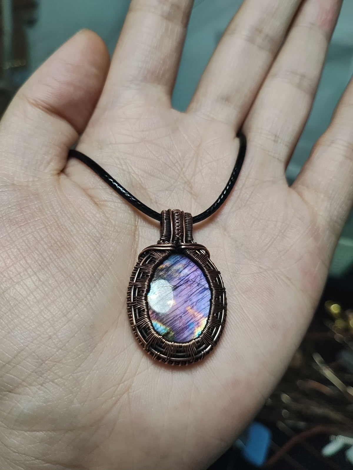 Copper Wire Labradorite Pendant Black Leather Cord