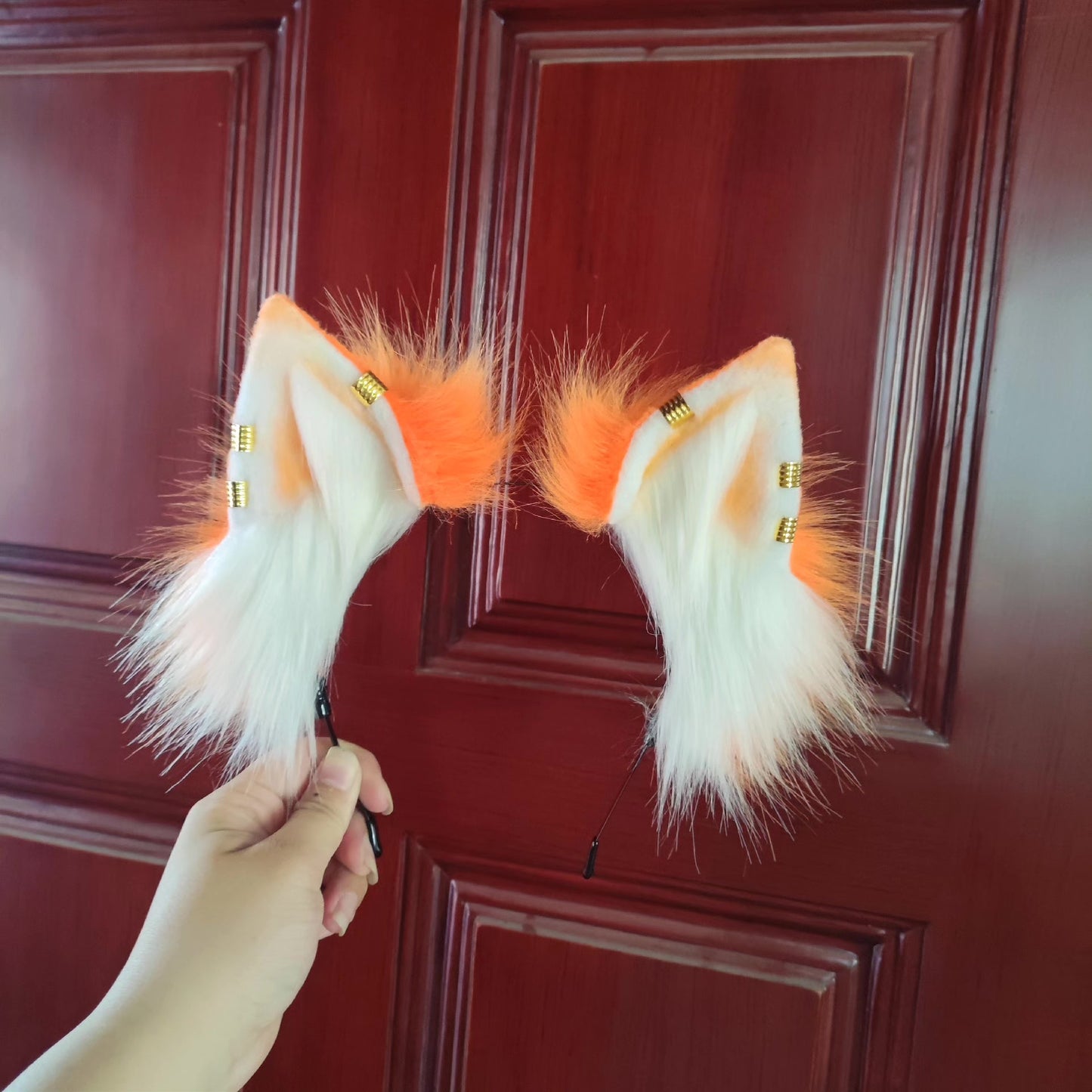 Orange Cat Ear Headband with White Tips and Metallic Studs