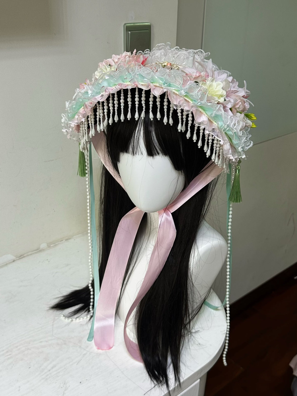 Pastel Pink Green Ruffled Bonnet Hat