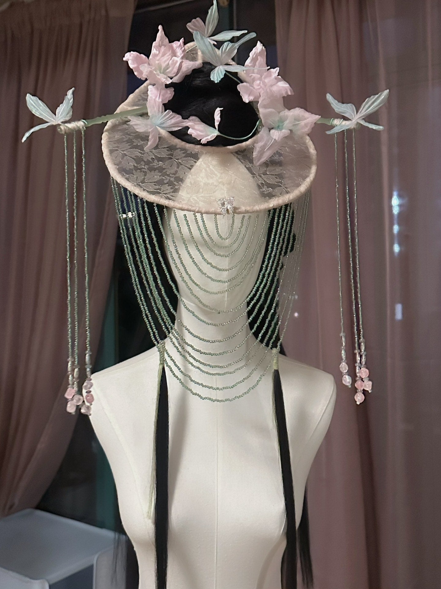 Custom Silk Veil Hat with Hand-Dyed Flowers and Beaded Curtain
