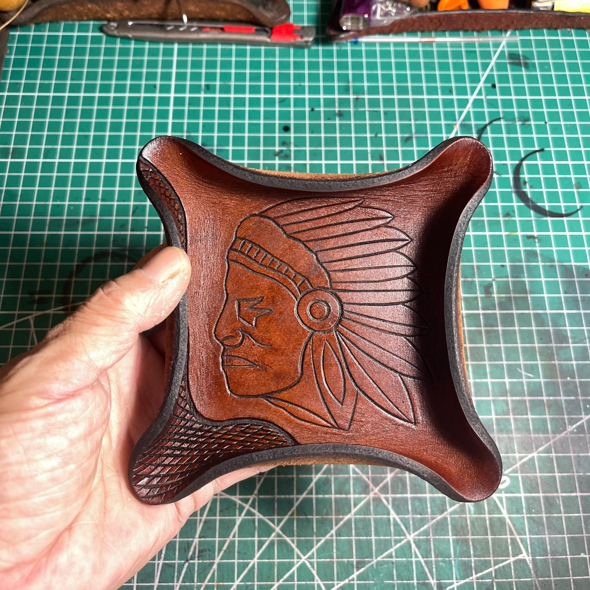 Square Vegetable-Tanned Leather Tray with Carved Portrait
