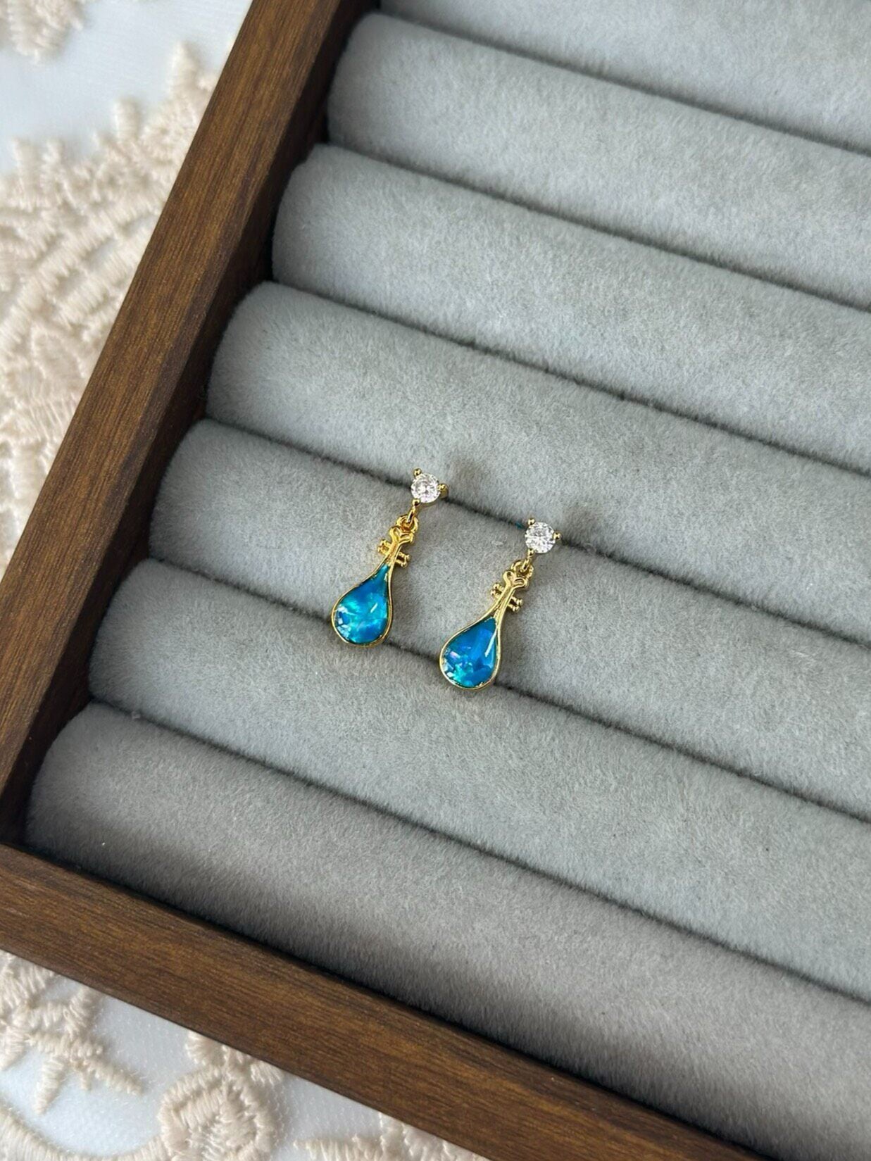 Blue Tears Abalone Shell Inlay Earrings - Pipa Shape, 925 Silver