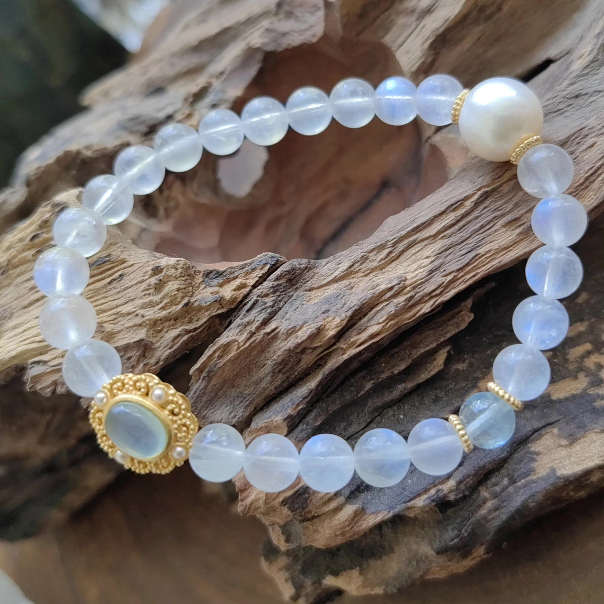 Blue Moonstone Beaded Bracelet with Aquamarine