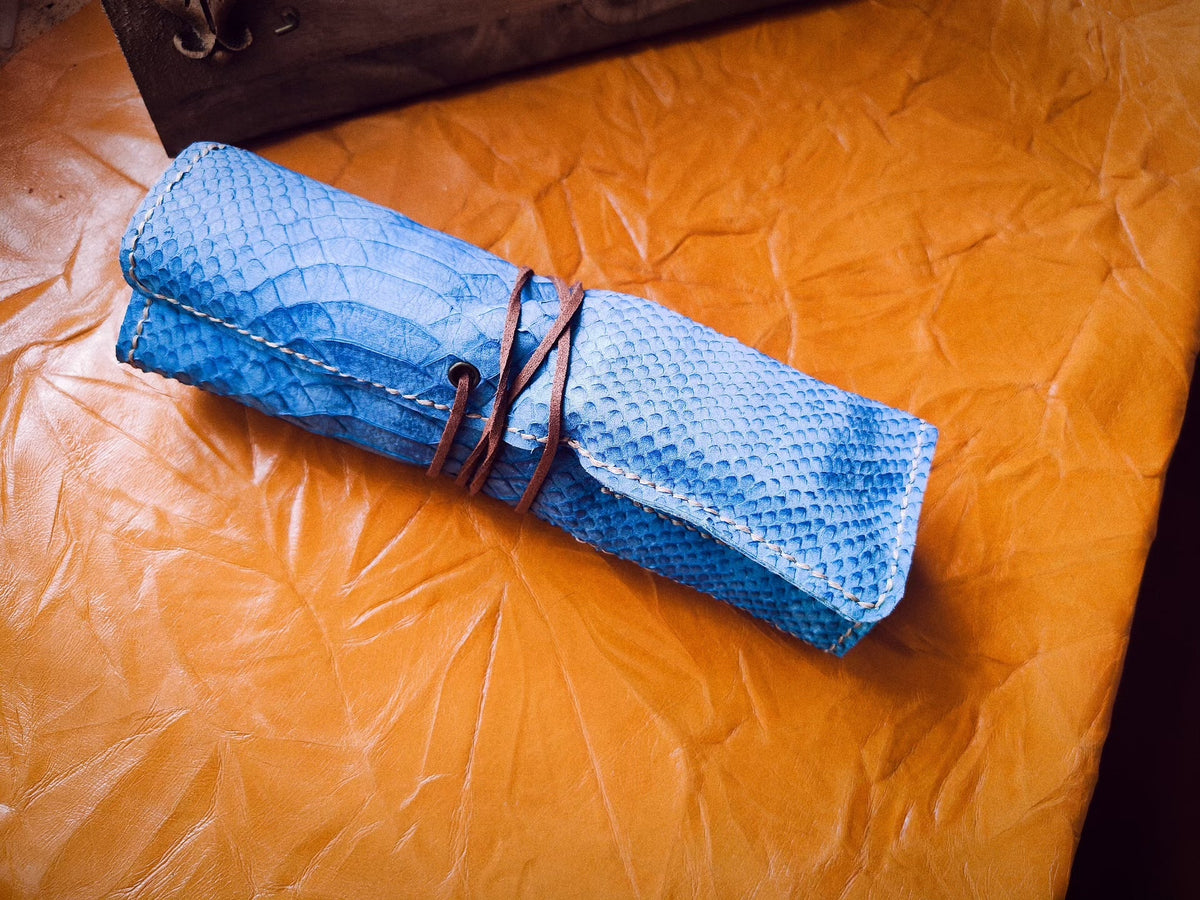 Cowhide Pen Case Set with Blue Texture