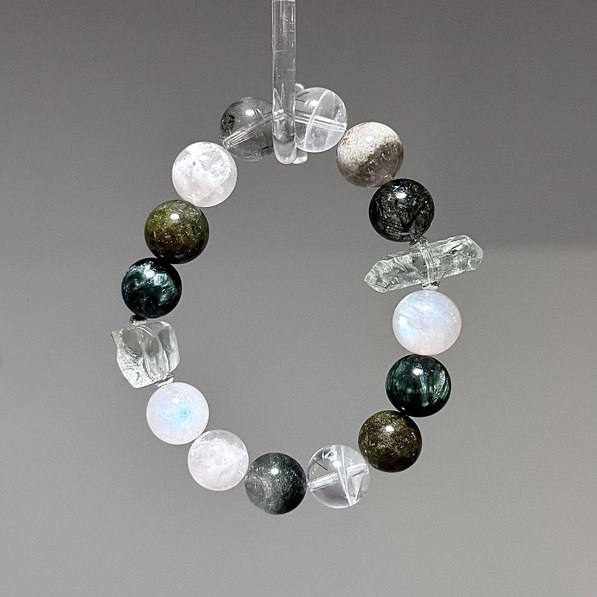 Pulseira de Contas de Cristal Fantasma Verde Pedra Lua e Dragão