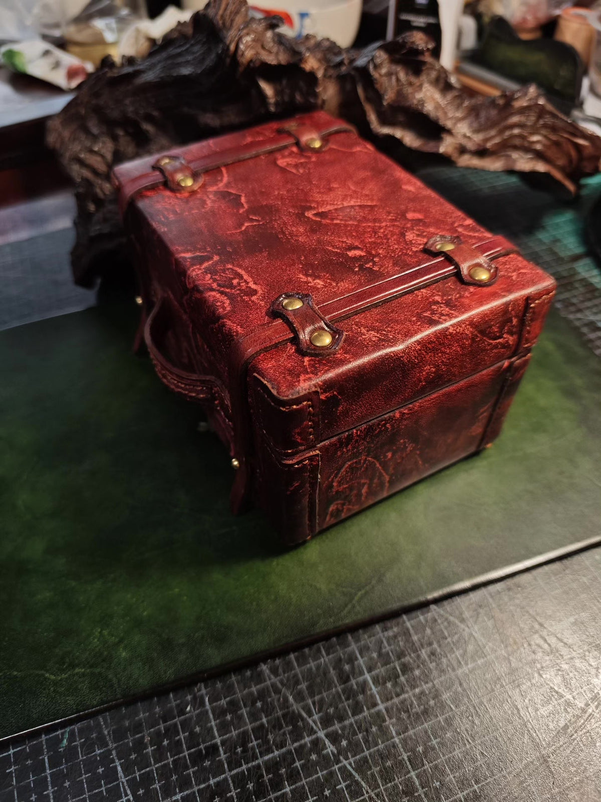 Vintage Hand-Rubbed Leather Mini Trunk with Brass Rivets