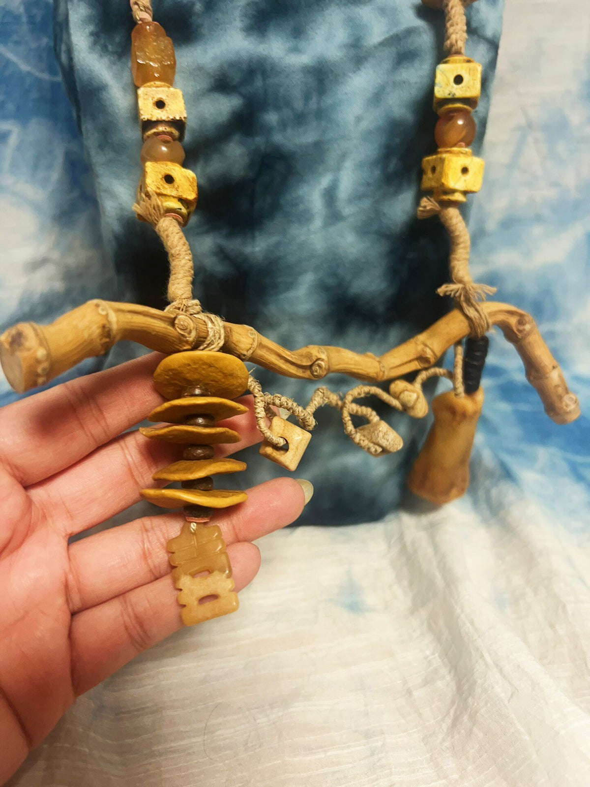 Handwoven Bamboo Root Necklace with Bone Pendant