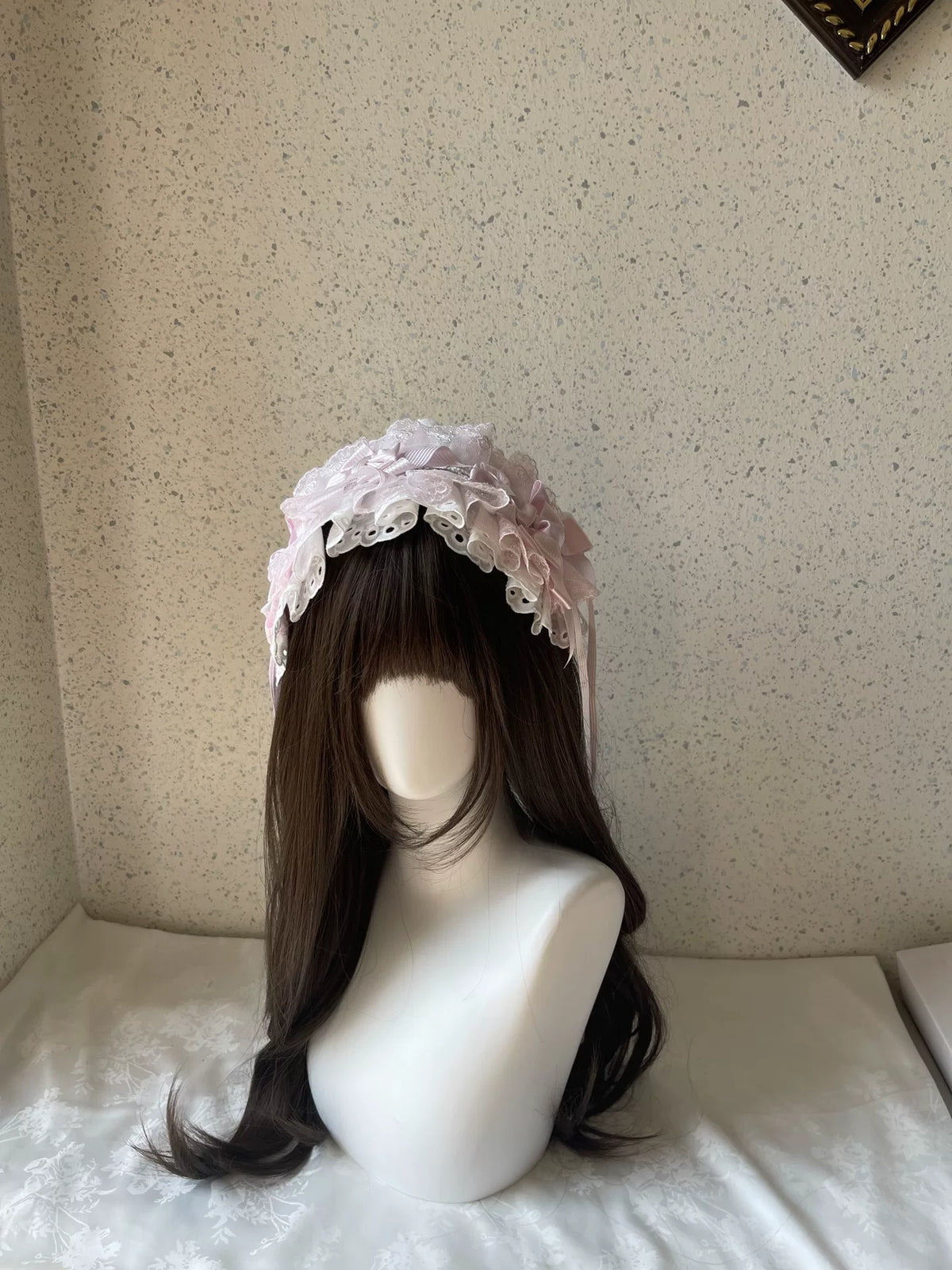 Bandeau Lolita en dentelle rose avec nœuds