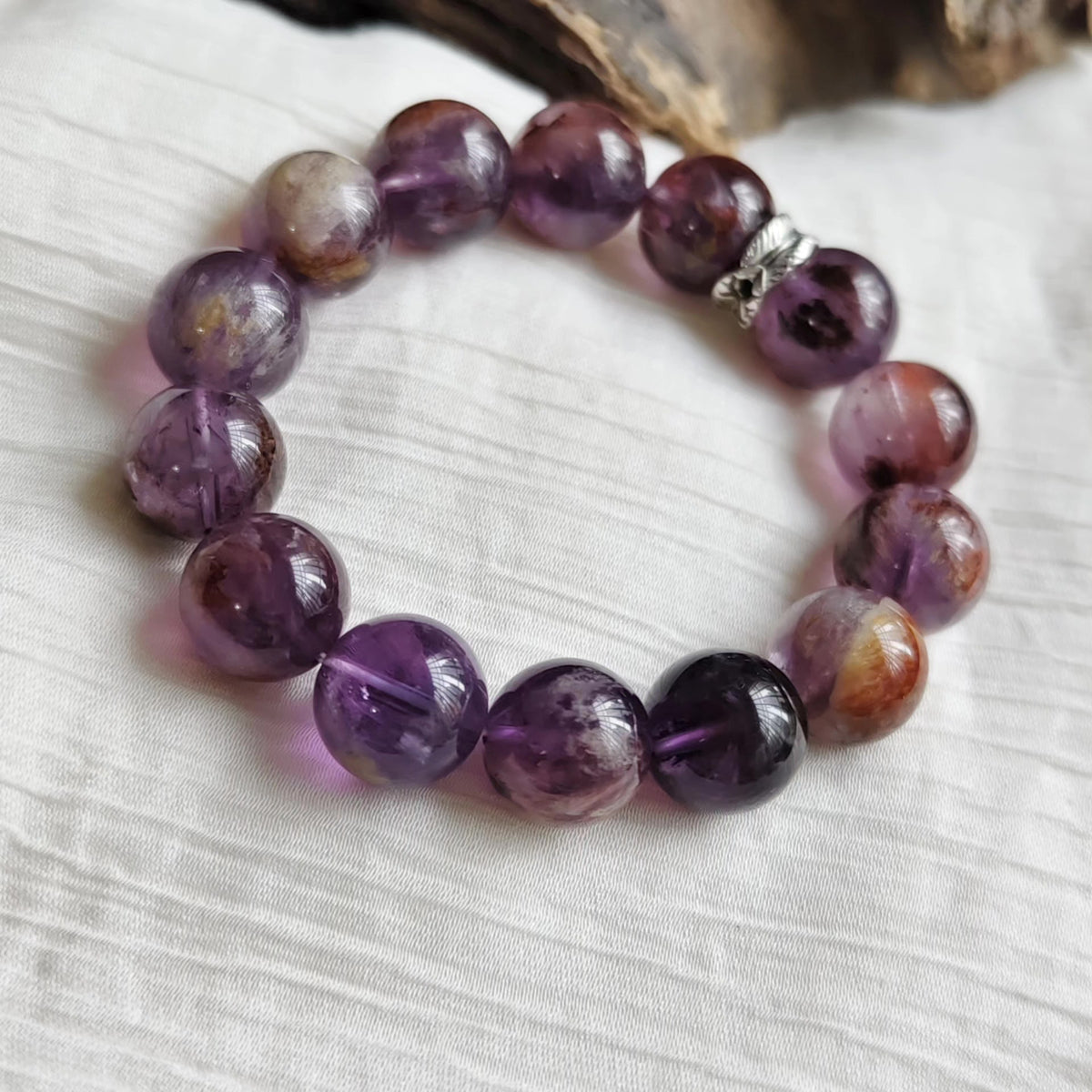 Large Purple Phantom Quartz Beaded Bracelet 13.7mm
