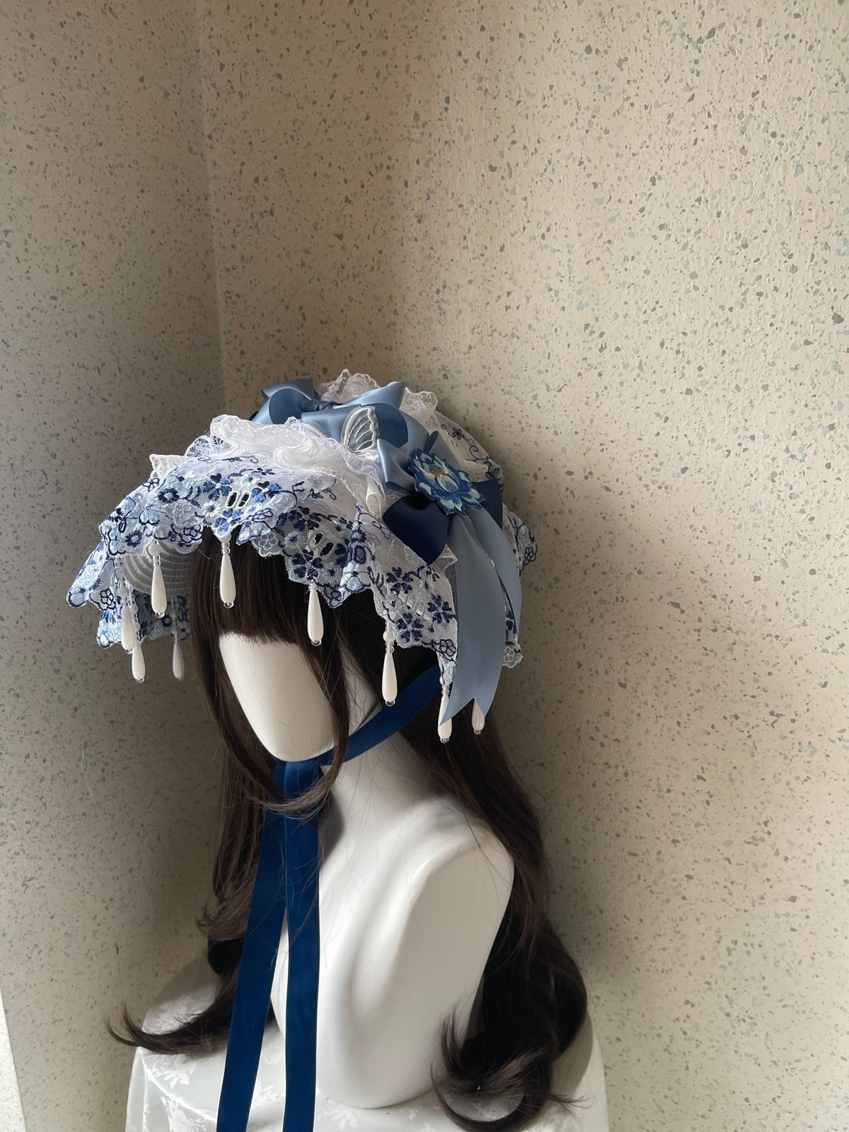 Lolita Blue White Lace Flat Bonnet