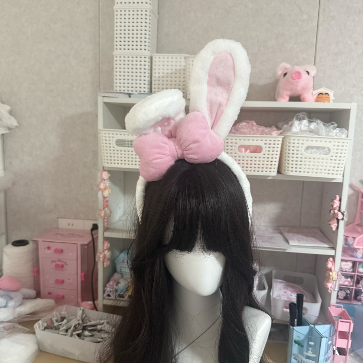 White Plush Bunny Ear Headband with Pink Bow