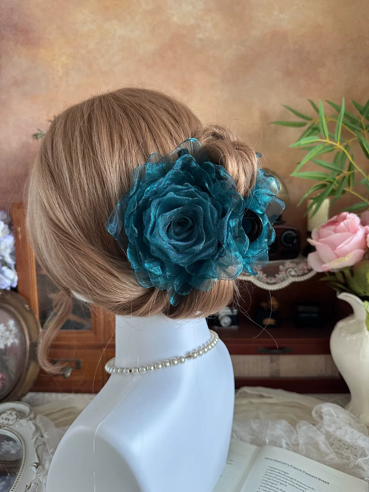 Peacock Blue Fabric Rose Hair Claw Clip