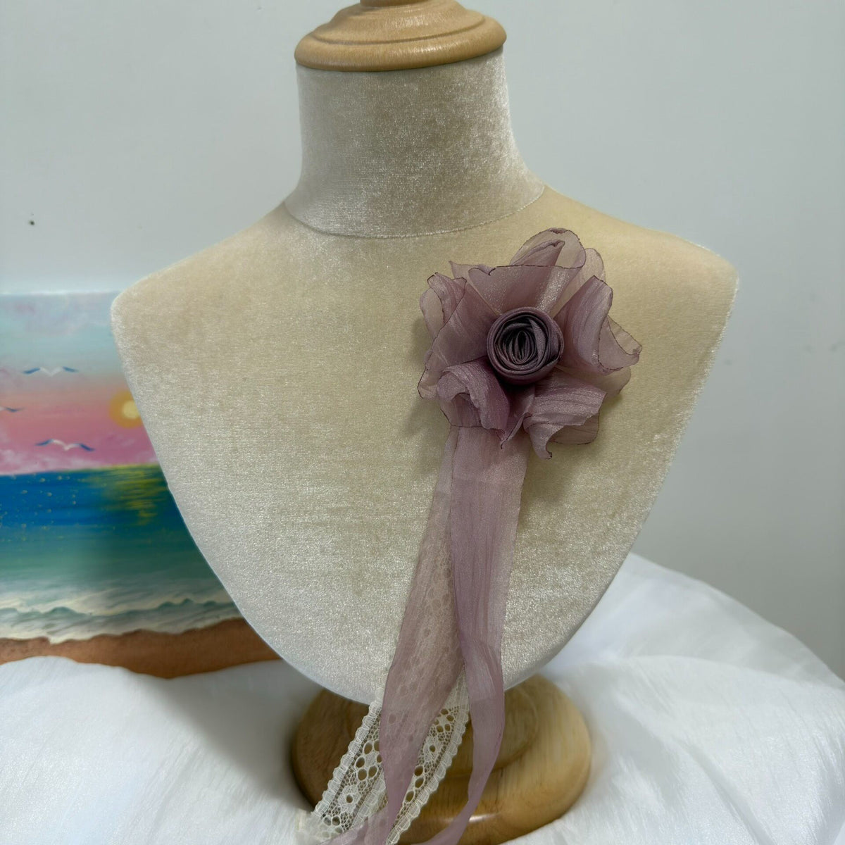 Handmade Fabric Flower Brooch with Ribbons