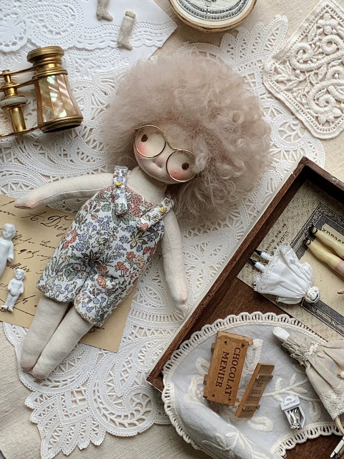 Handmade Waldorf Cloth Doll Curly Pink Hair