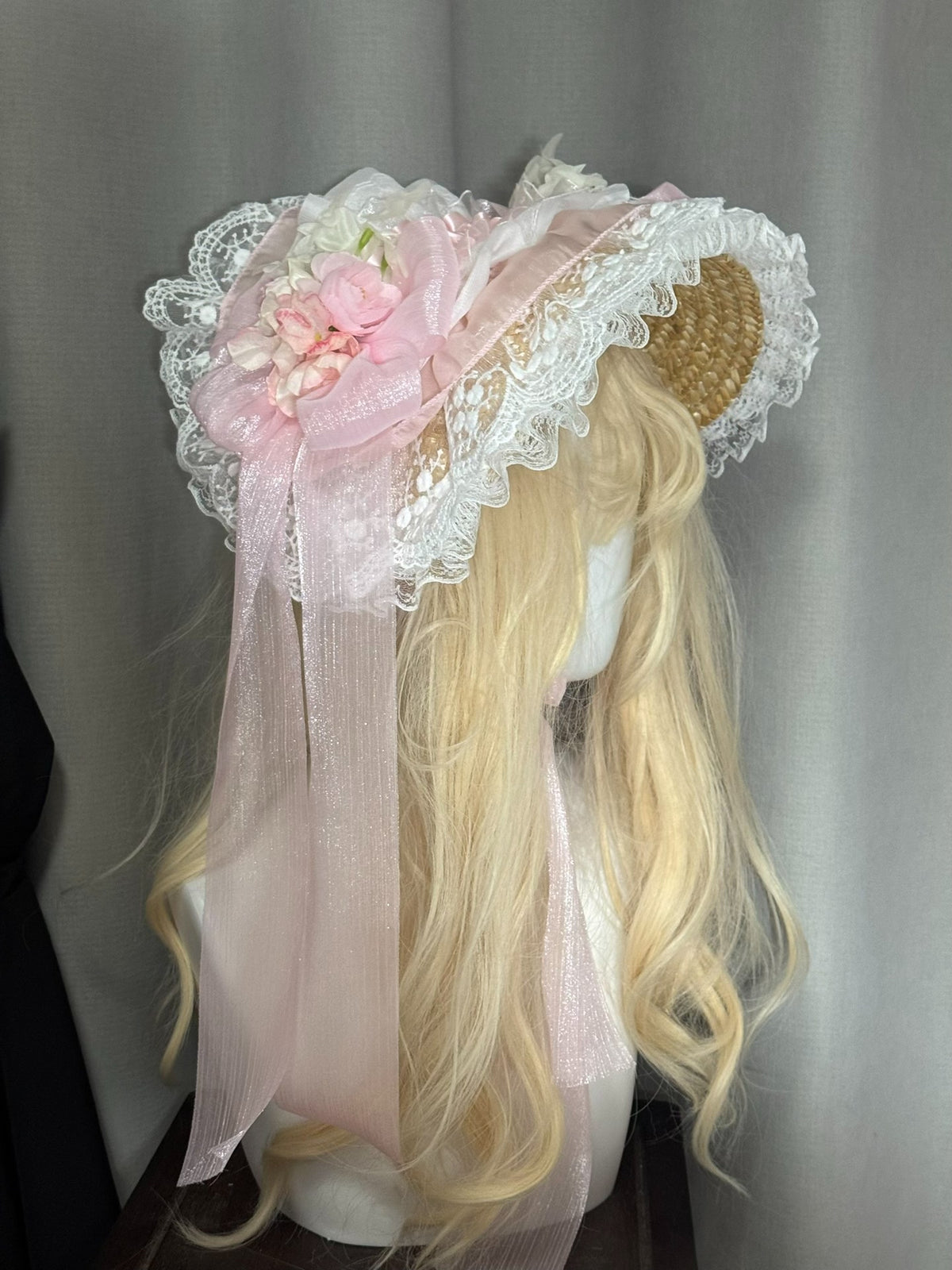 Handmade Straw Lolita Bonnet with Pink Roses