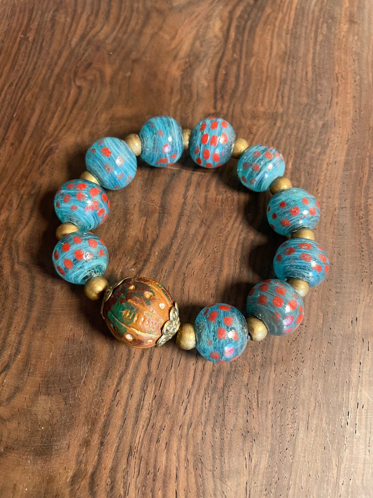 Turquoise Millefiori Glass and African Clay Beaded Bracelet
