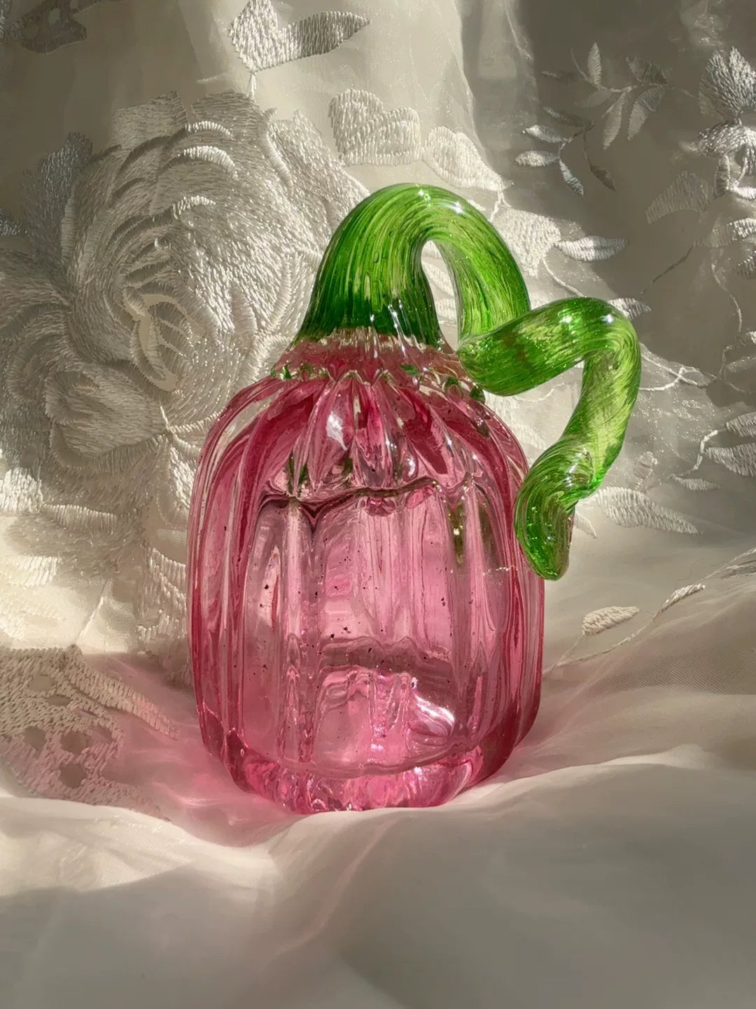 Pink Glass Pumpkin Figurines with Green Stems