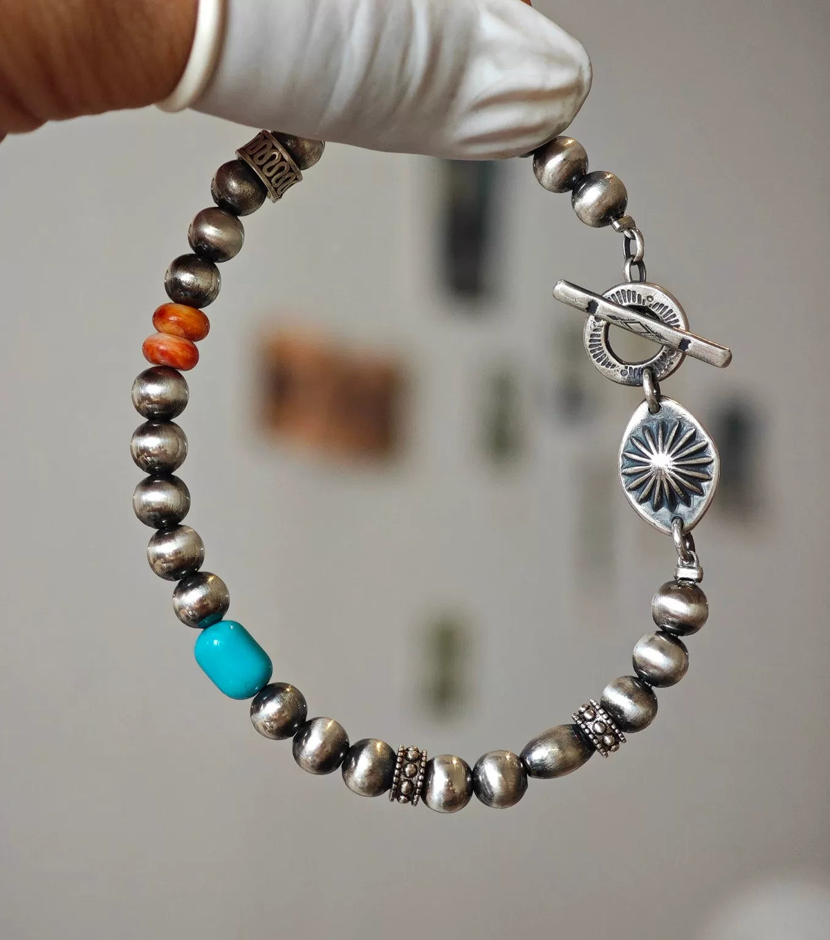 Navajo Style Hammered Silver Bead Bracelet Turquoise