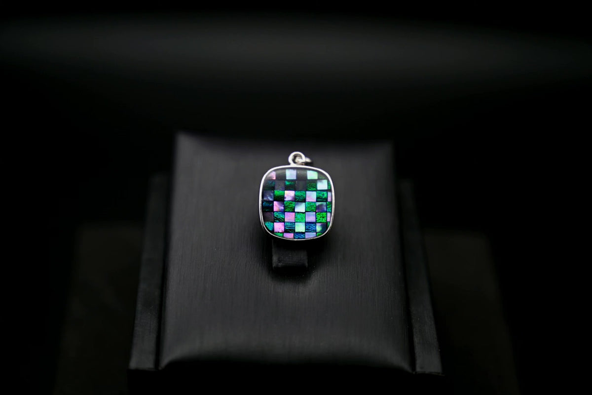 Checkerboard Jewel Beetle Silver Pendant Necklace