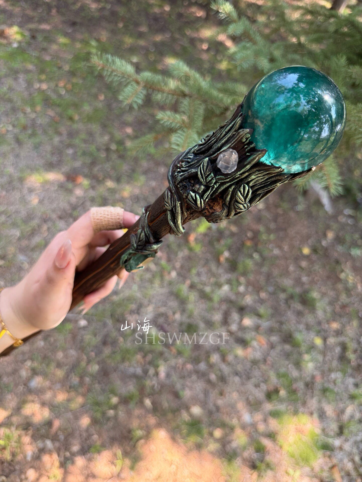 Fantasy Staff with Green Orb and Bronze Metalwork