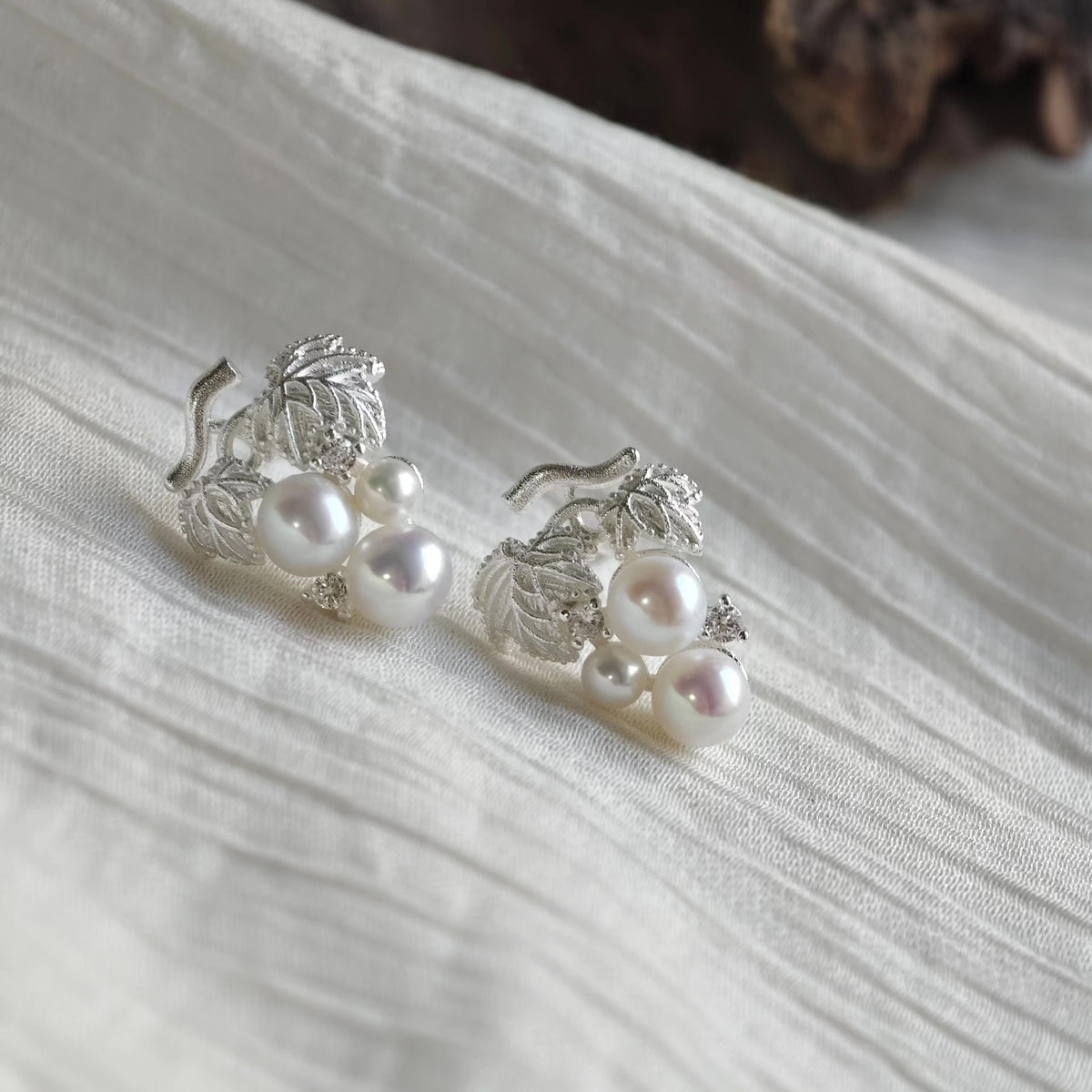 Grape Cluster Natural Pearl Silver Earrings
