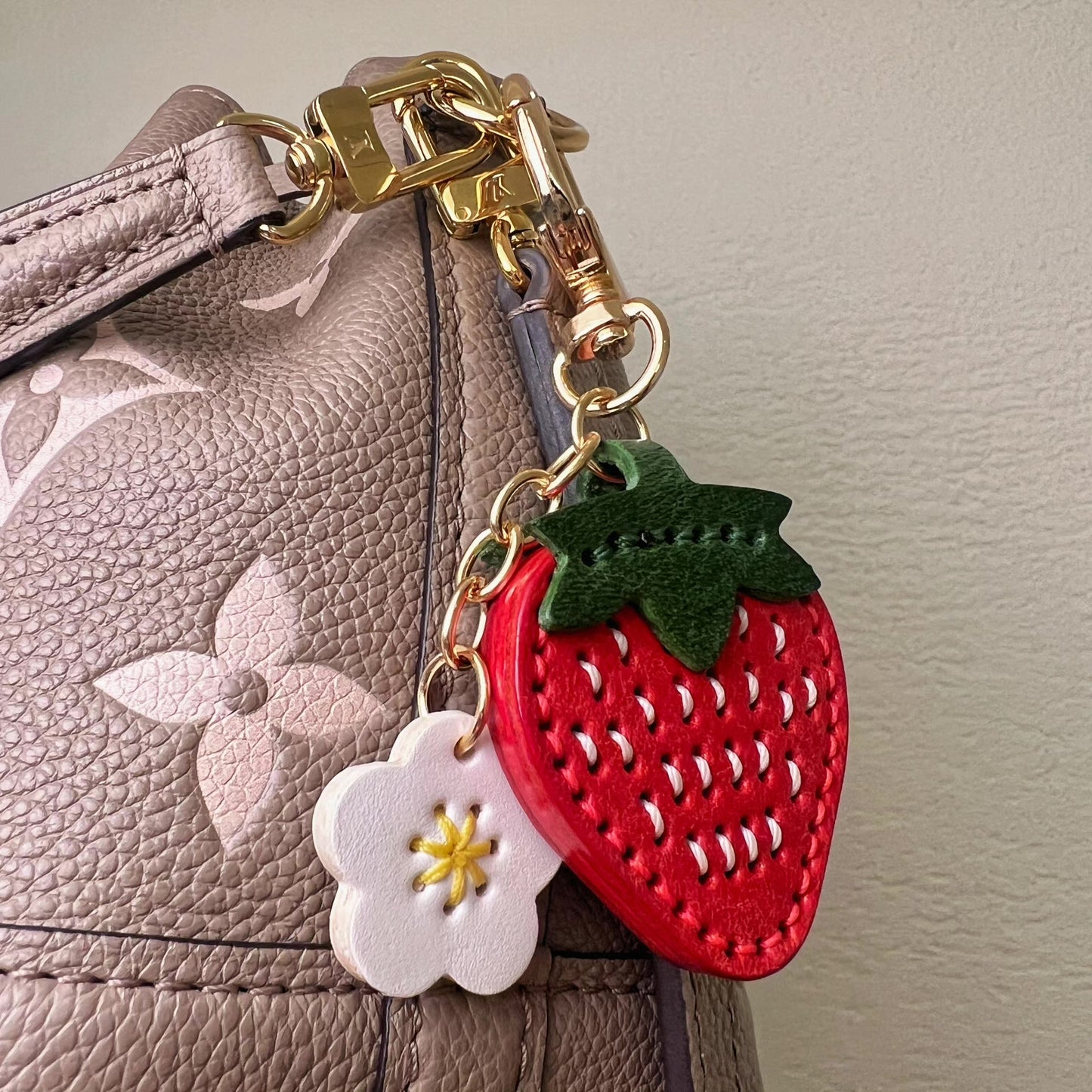 Handmade Strawberry Keychain with Vegetable-Tanned Leather