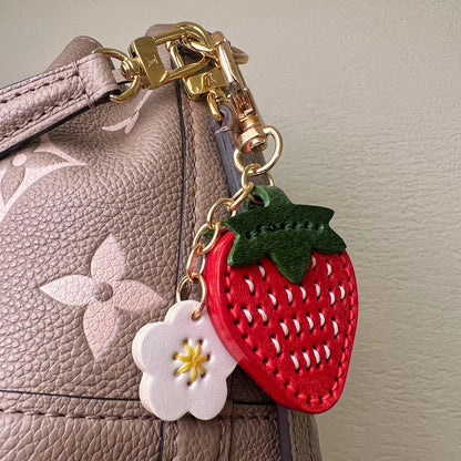 Handmade Strawberry Keychain with Vegetable-Tanned Leather