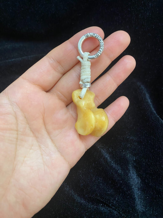 Handcrafted Bone-Shaped Pendant Keychain with White Cord and Silver-Toned Ring