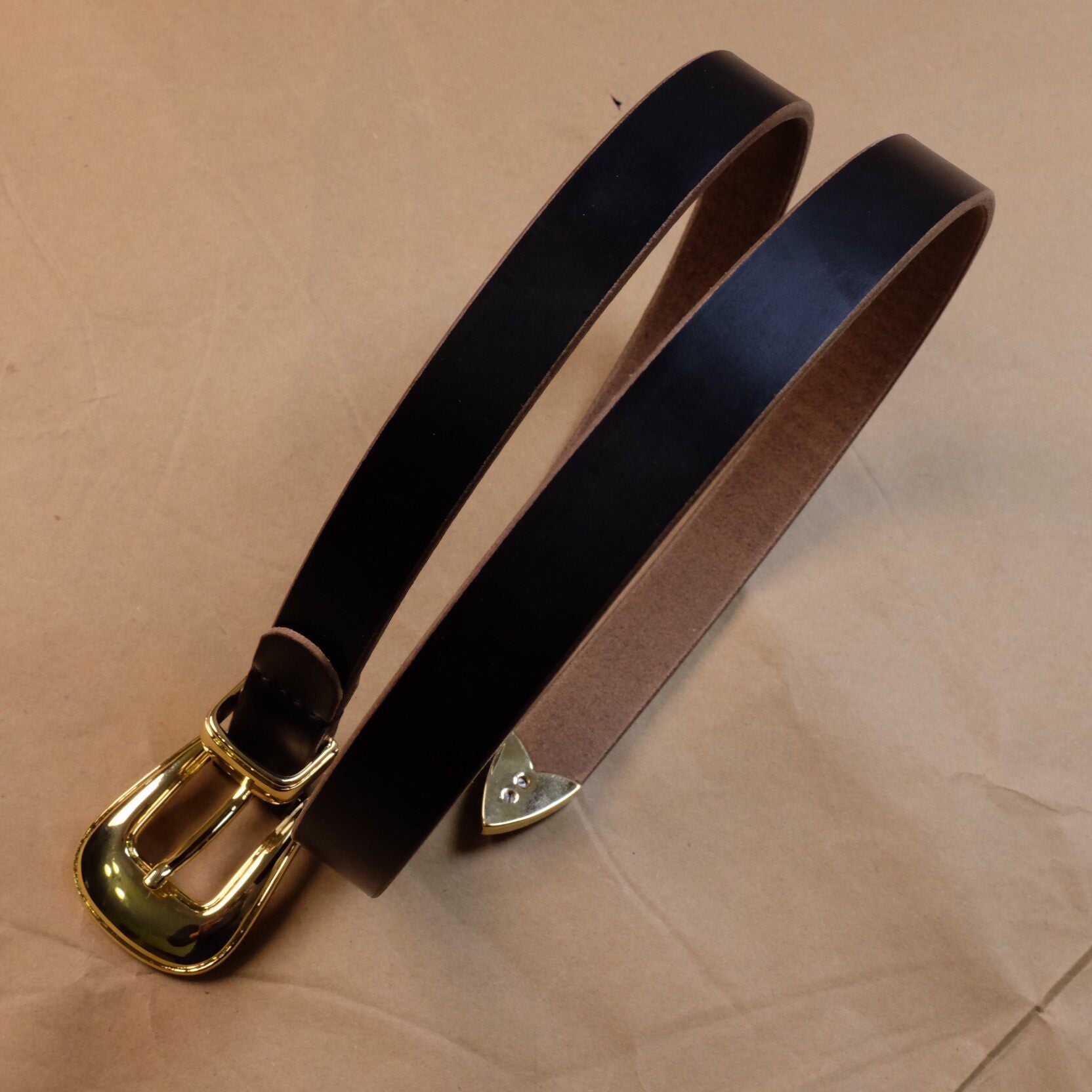 Matte Black Leather Belt with Gold-Tone Shield Buckle