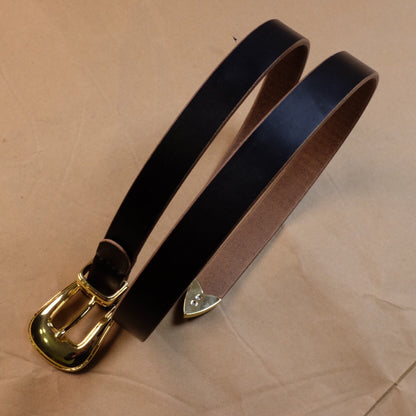 Matte Black Leather Belt with Gold-Tone Shield Buckle