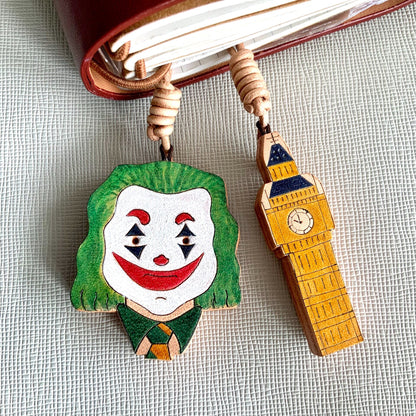 Hand-Painted Leather Joker & Clock Tower Charms for Bag, Key, or Journal