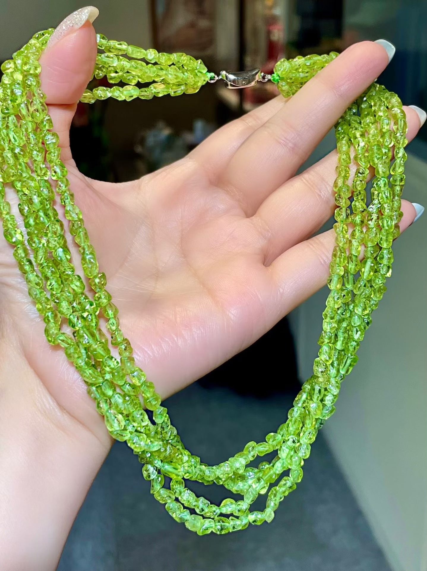 Five-Strand Freeform Faceted Peridot Necklace, 41cm