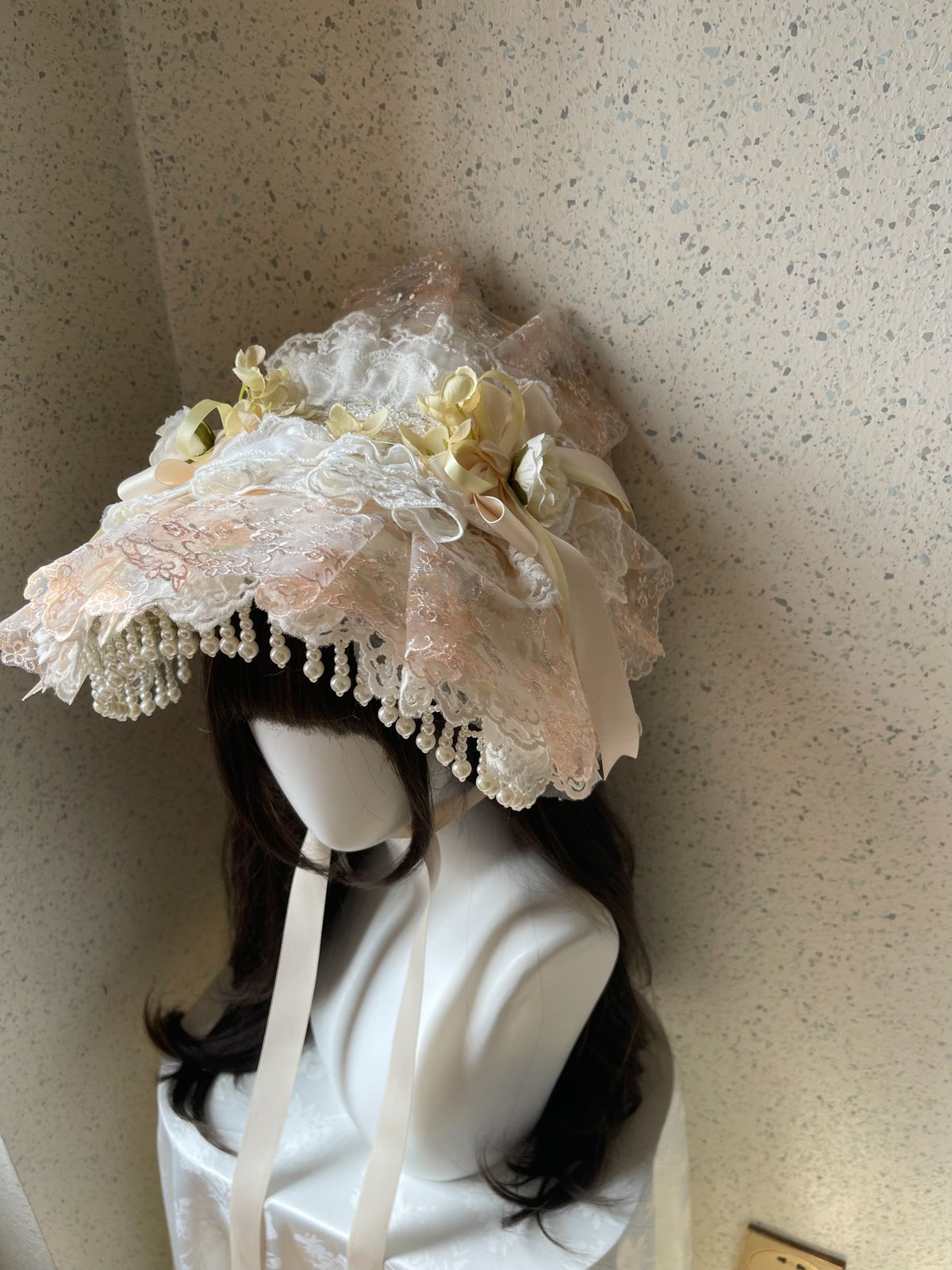 Lolita Bonnet Hat Pearl Fringe Lace