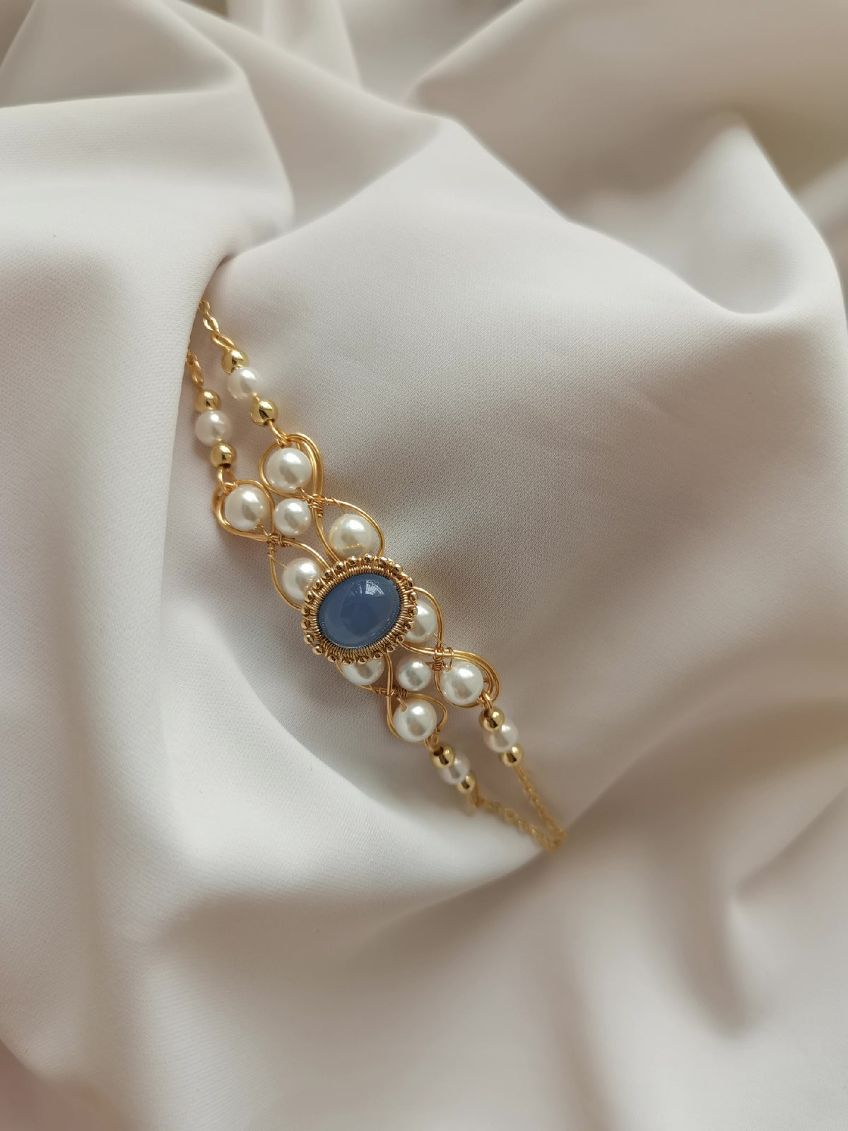 Blue Chalcedony and Pearl Wire Wrapped Bracelet