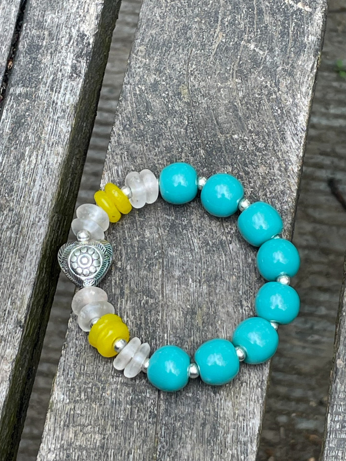 Turquoise Glass Beaded Bracelet with Heart Charm
