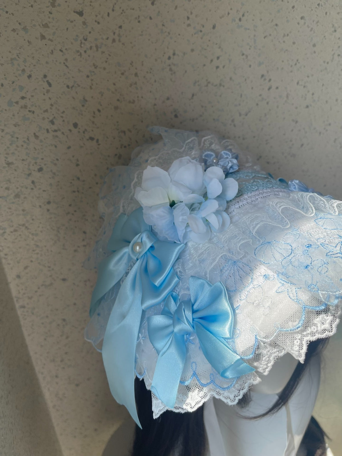Lolita Blue Flat Bonnet with Lace