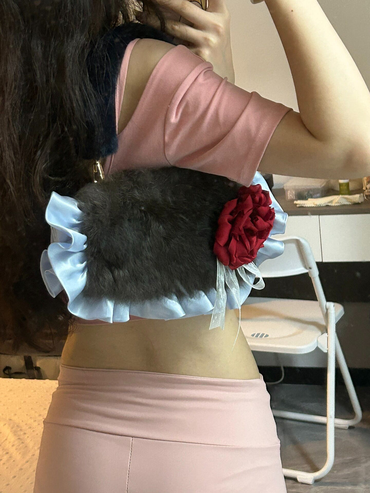 Genuine Rabbit Fur Handbag with Satin Flower
