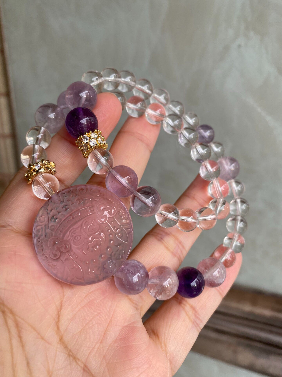 Amethyst Double Loop Bracelet with Carved Medallion