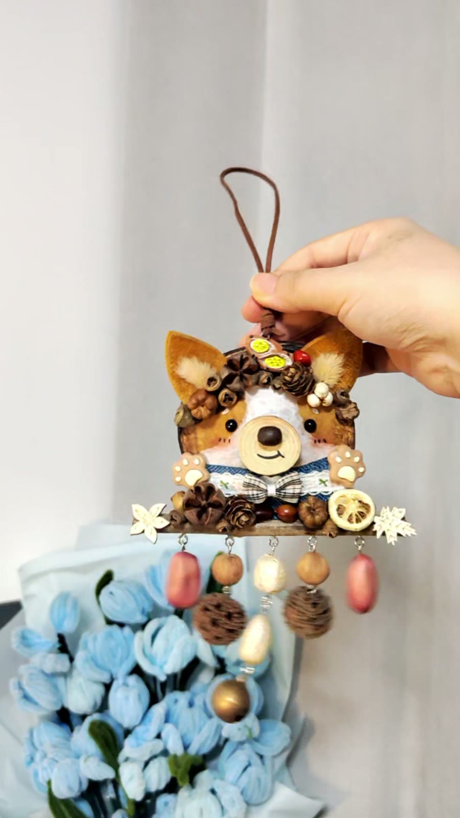 Handgemaakte Entada Zaadappel Corgi Gezicht Ornament