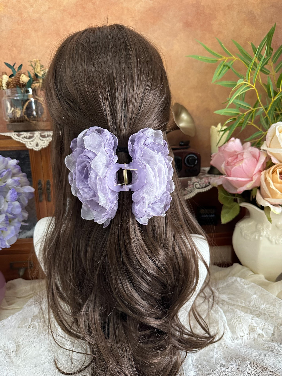 Lavender Fabric Rose Hair Claw Clip