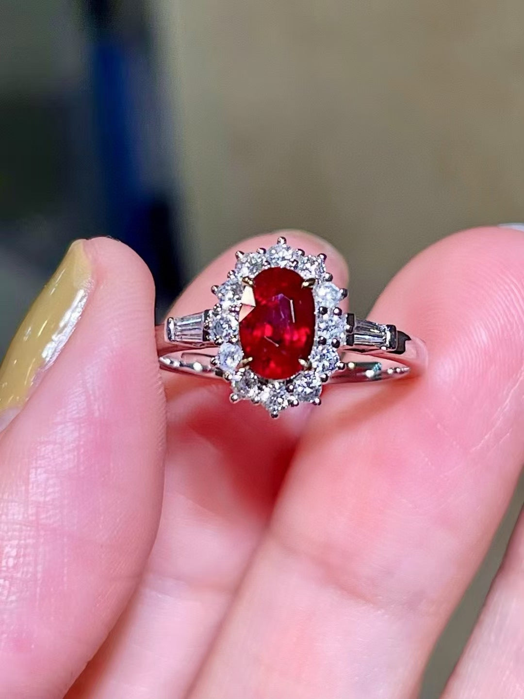 18K White Gold Ruby and Diamond Halo Ring with Baguette Shoulders