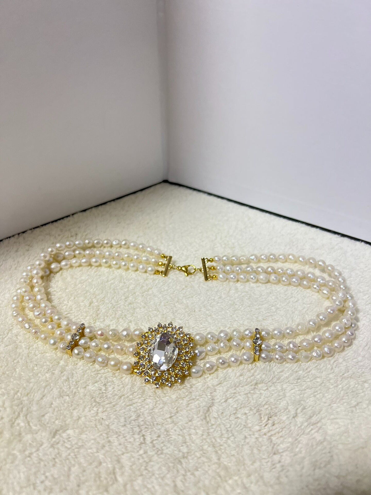 Three Strand Pearl Necklace Rhinestone Centerpiece