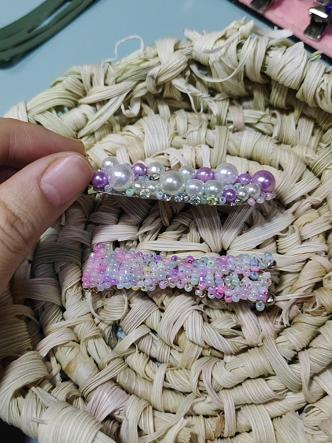 ハンドメイド パープルビーズヘアクリップセット