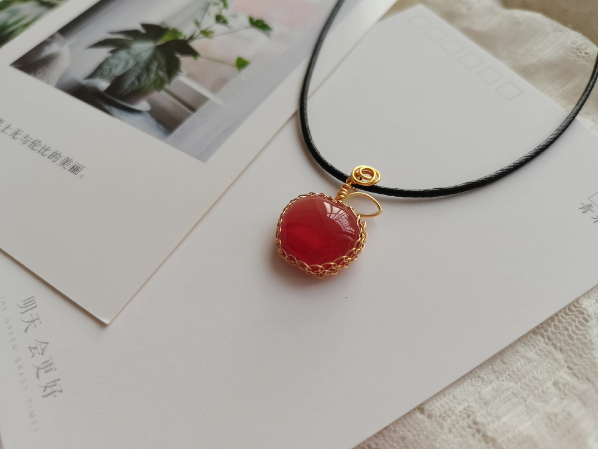 Red Agate Apple Pendant Wire Wrapped Necklace