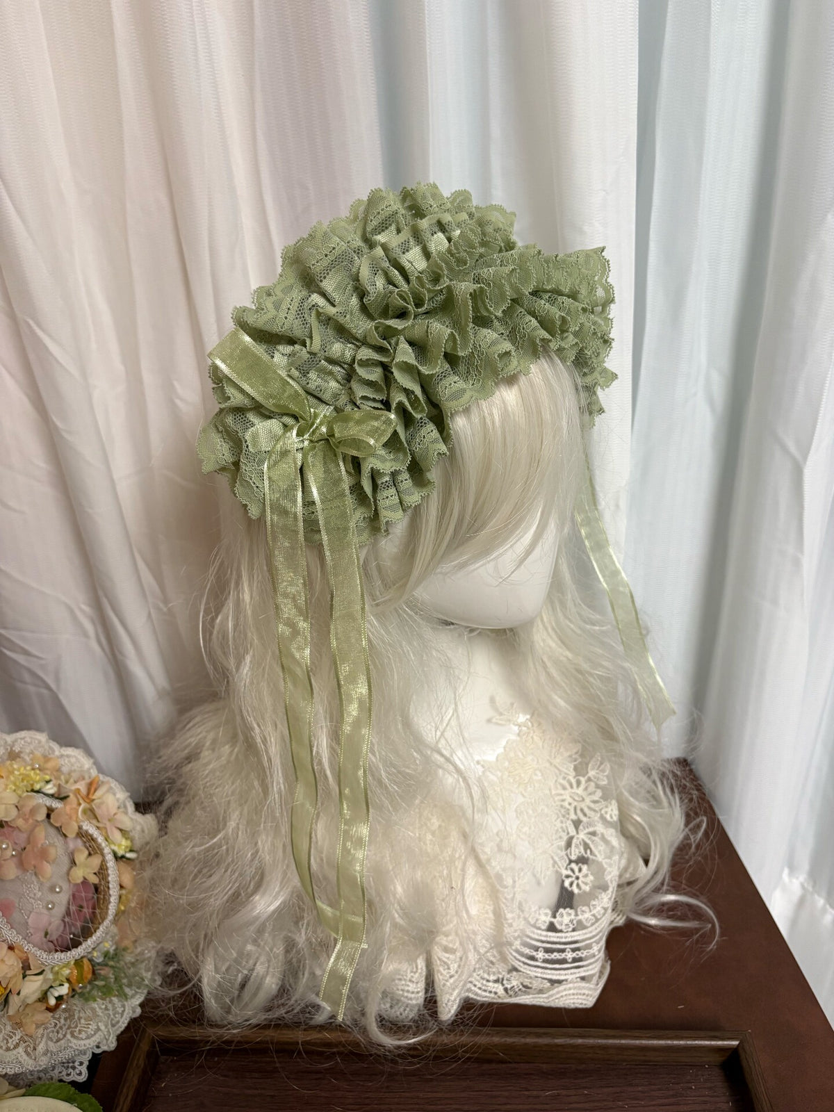 Sage Green Lace Ruffled Bonnet Headpiece
