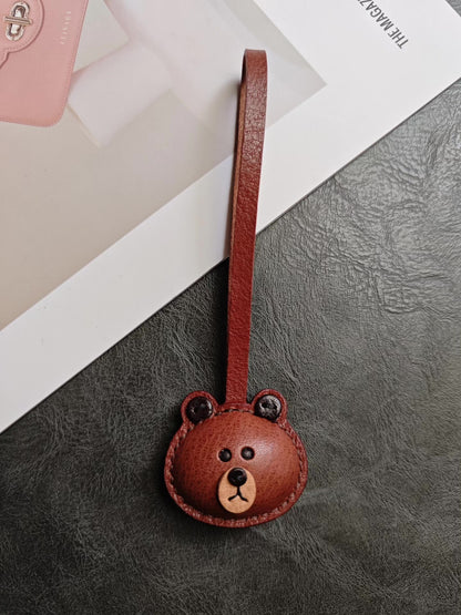 Hand-Stitched Brown Bear Head Leather Keychain Bag Charm