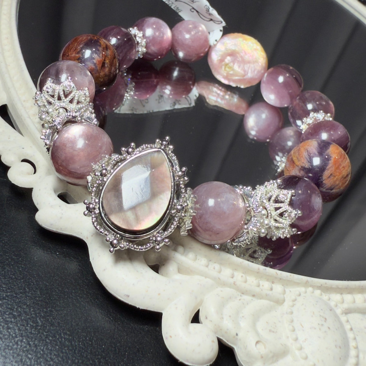 Pulseira de Mica de Lítio Roxa e Pérola Barroca